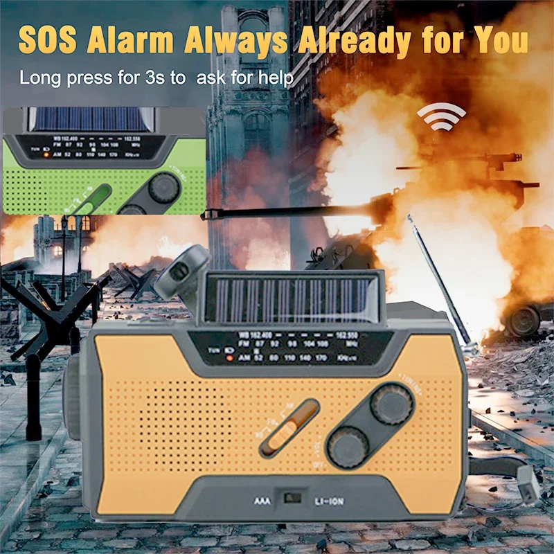 

Emergency Weather Radio AMFM with 2000mAh Portable Mobile Power USB Solar Manual Crank Charging Battery Powered SOS Alarm and Fl