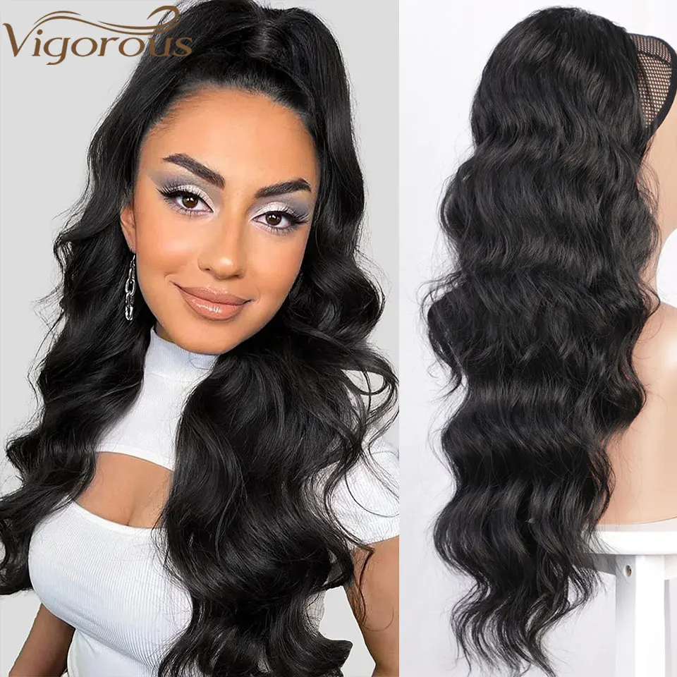 MONIXI Synthetic Long Wavy Ponytail Hair Synthetic Drawstring Ponytail Clip in Hairpiece Black Wave Ponytail for Black Women