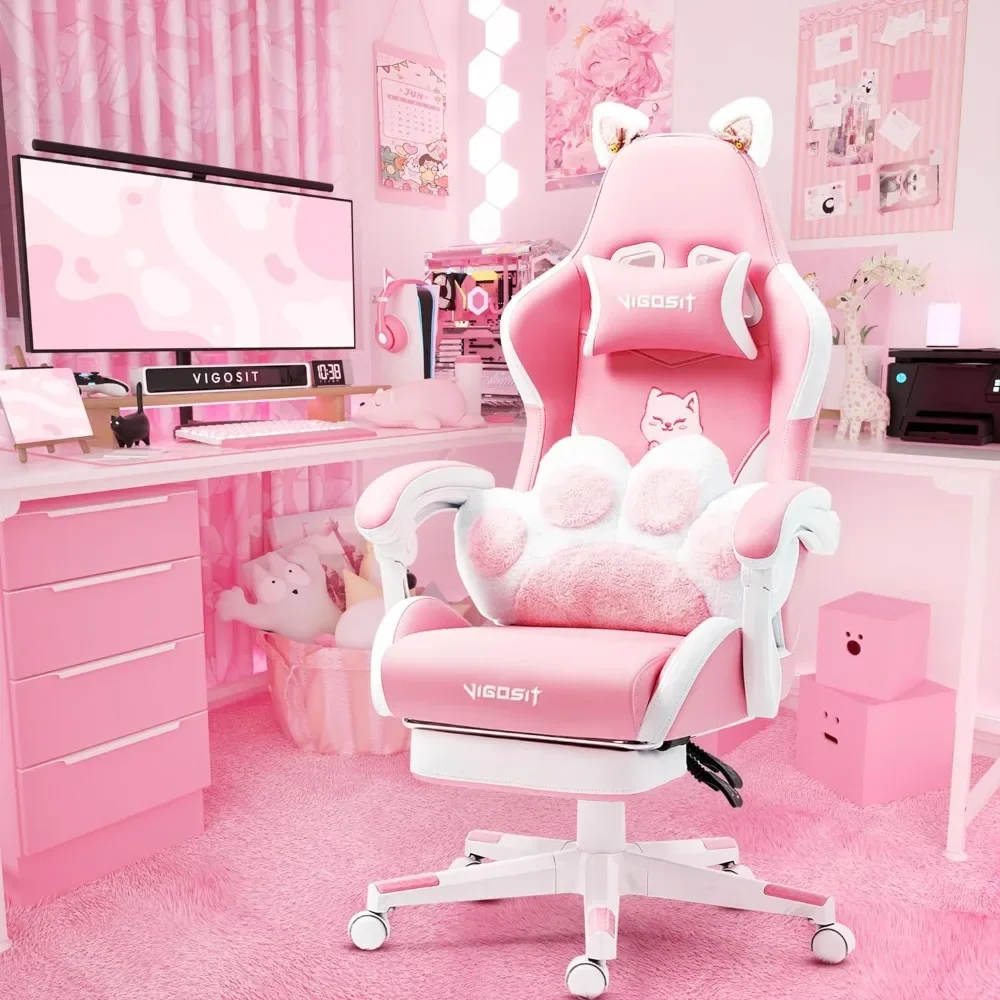 Pink Gaming Chair With Cat Paw Lumbar Cushion and Cat Ears Computer Armchair Reclining PC Game Chair for Girl Kids Teen Gamer гарнитура qumo game cat white pink