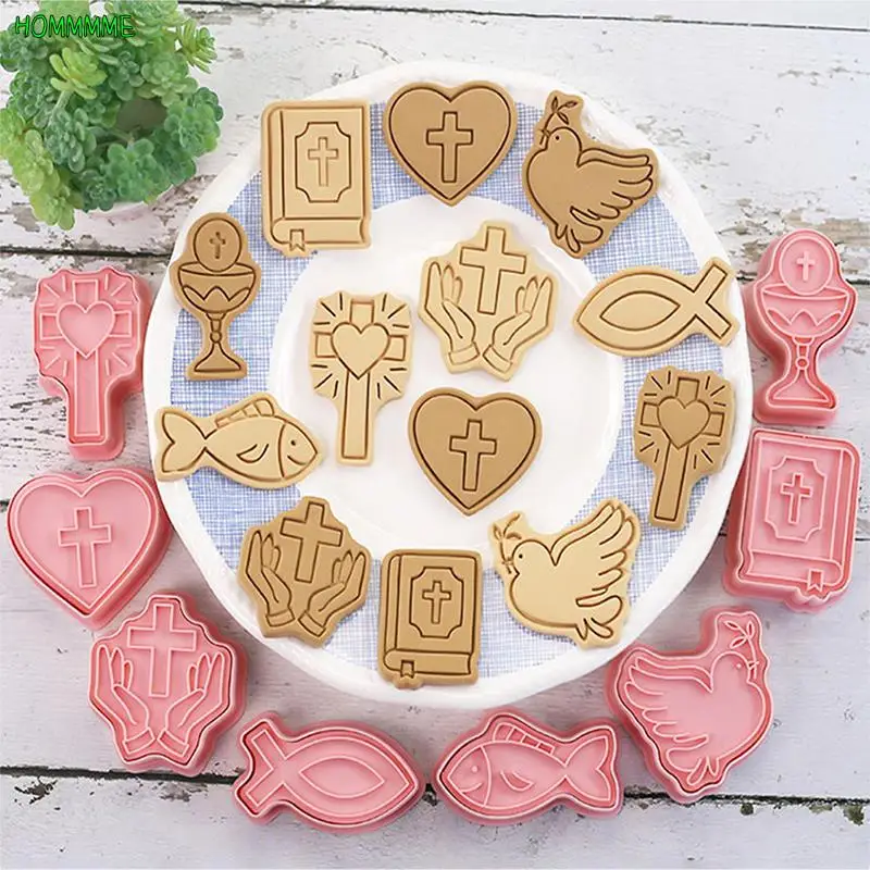 8Pcs/10pcs Christian Communion Cookie Cutter 3D Cartoon Cross Love Fish Chalice Pressable Biscuit Stamps Mold Cake Decoration