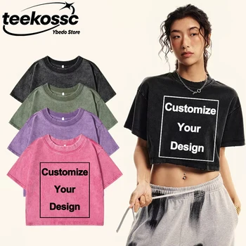 Y2k Custom Solid Washed T-Shirts Cotton Womens Summer O-Neck Crop Tops DIY Logo/Graphic Short Sleeve Tees Casual Loose Clothes 1