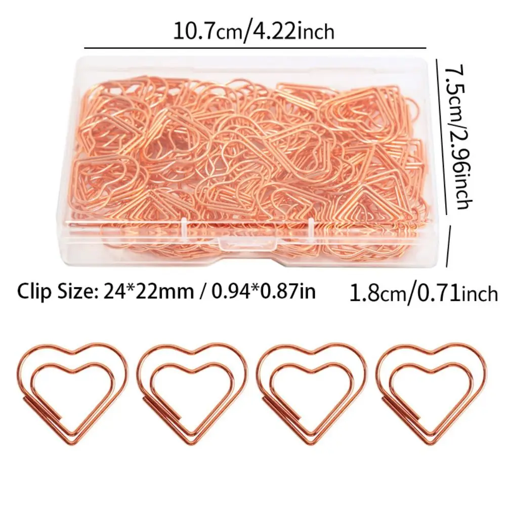 100Pcs 하트 모양의 종이 클립 실버/로즈 골드/골드 박스 포함 귀여운 종이 클립 24*22mm 휴대용 종이 클립 스크랩북 만들기