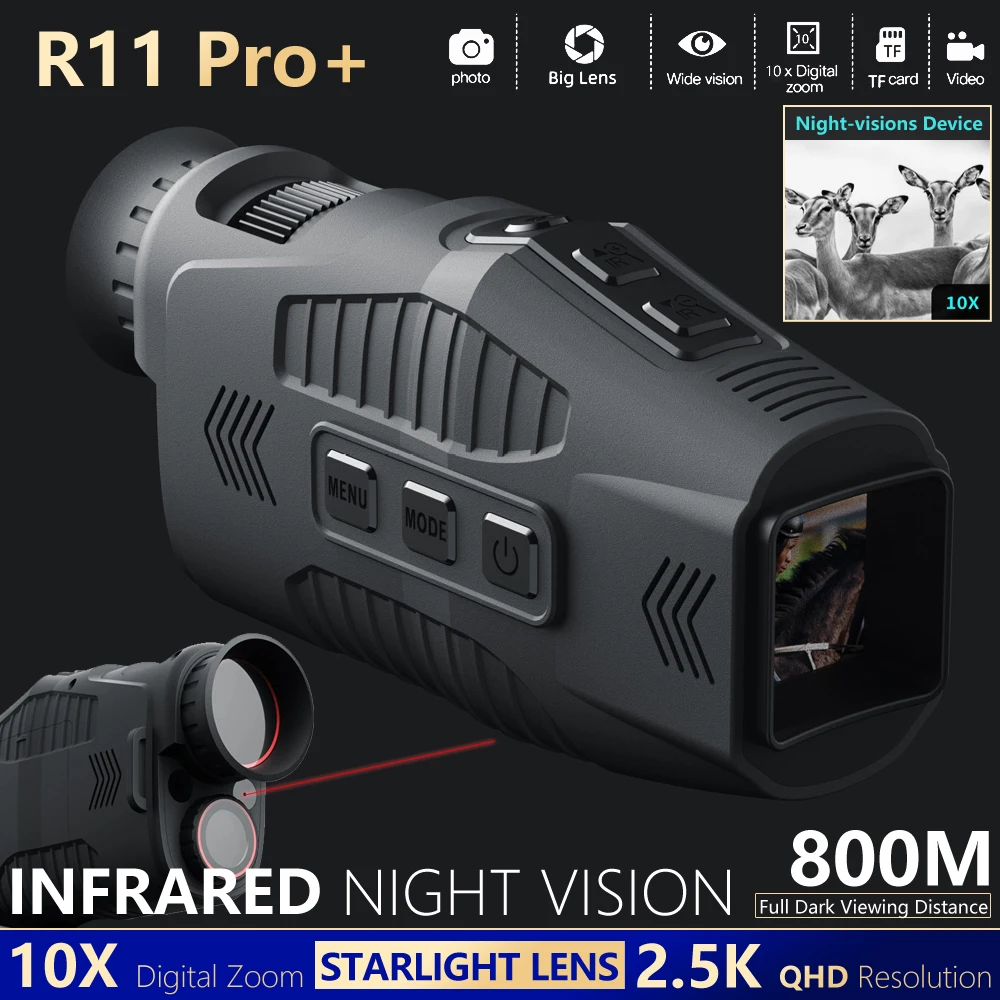 R11Pro+ 단안 야간 투시경 업그레이드 2.5K 스타라이트 10배 줌 800m IR 주야간 장거리 적외선 야간 투시 장치