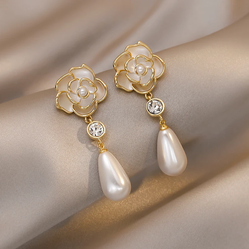 Romantic French Camellia Earrings for Women Flower Rhinestone Drop Earring  Wedding Bride Jewelry Accessories - AliExpress