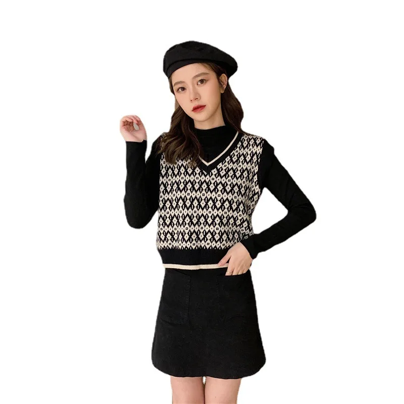 

Warm winterSleeveless Knitted Waistcoat for Women, Autumn and Winter, New Preppy Lozenge Check Short Sweater, 2022fashion