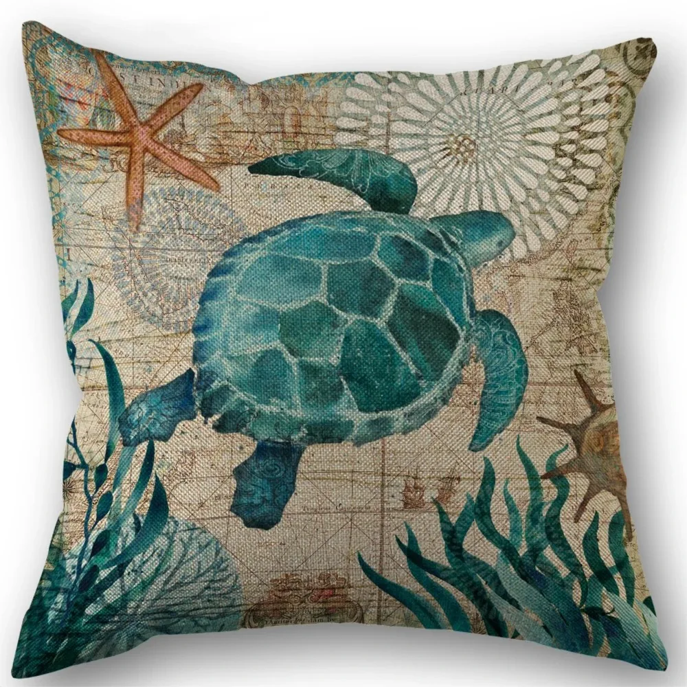Marine Life Turtle Seahorse Whale Octopus Cushion Cover Pillow Cover 45x45cm Retro Linen Fabric