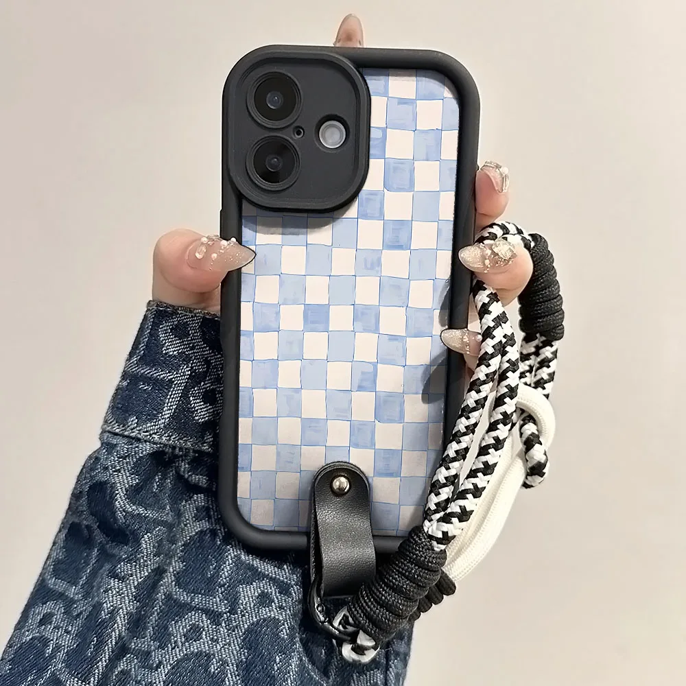 Watercolor Grid Checkered Lanyard Phone Strap Case