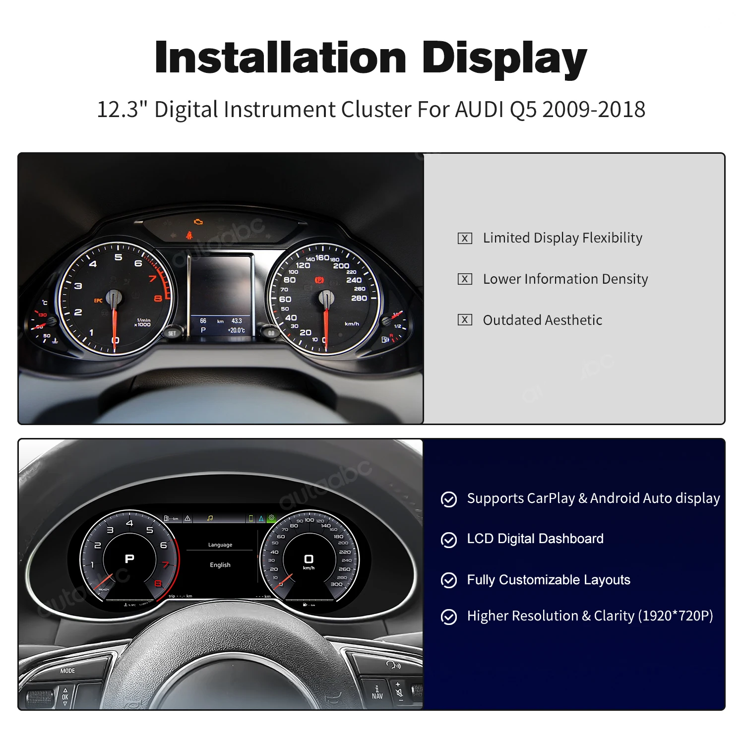 Pantalla LCD de 12.3 pulgadas para el tablero de Audi Q5 2009-2018, cabina virtual, panel de instrumentos digitales, velocímetro, CarPlay 2