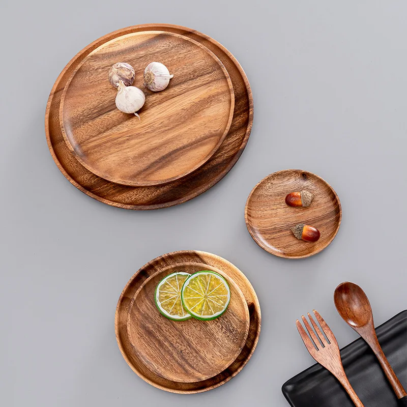 Round Acacia Dish Solid Wood Anti-scalding Wear Resistance Dinner Plate Cuisine Dessert Snack Fruit Dishes Kitchen Restaurant