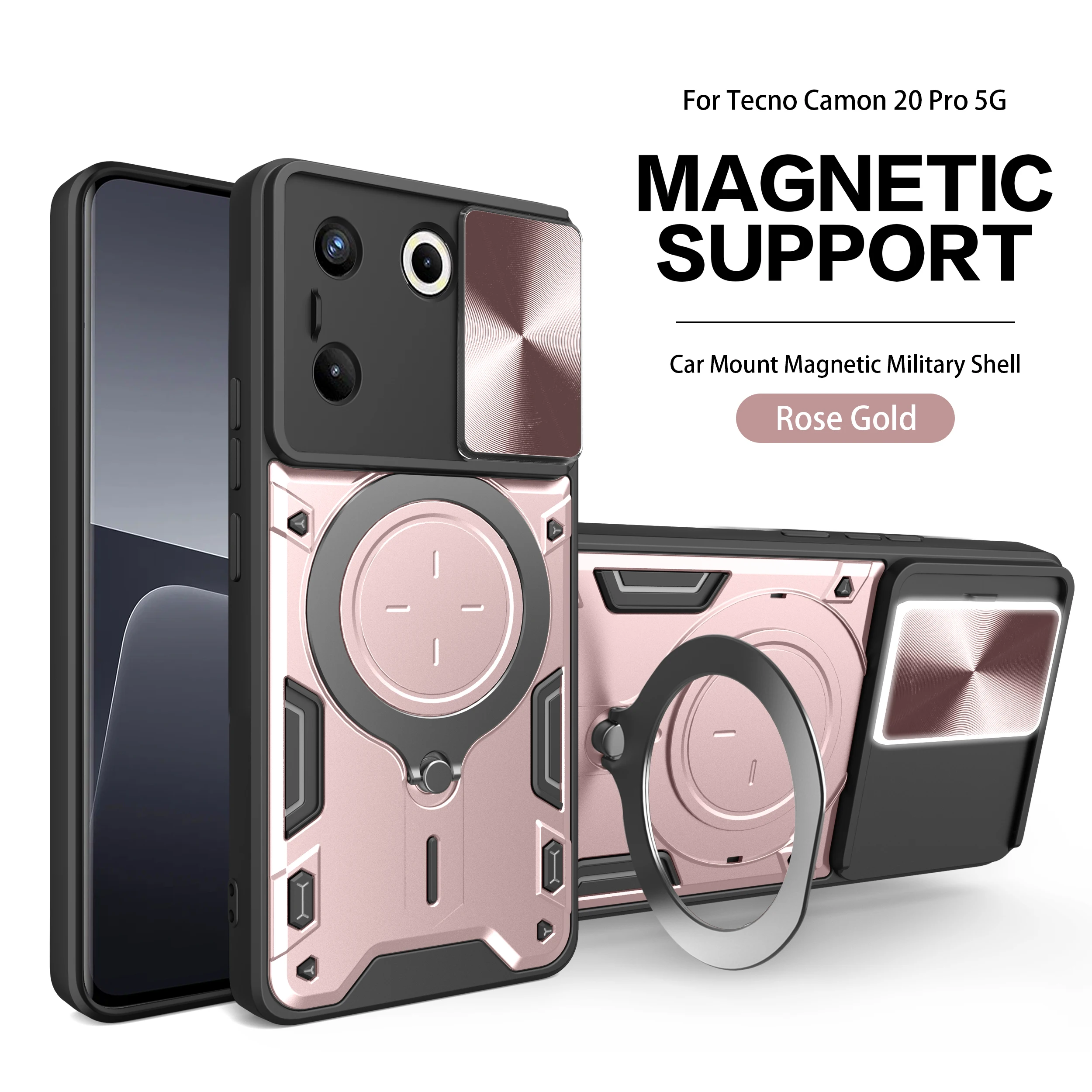 Heavy Duty Rugged Armor Phone Case with Magnetic Bracket and Slide Camera Protection Cover