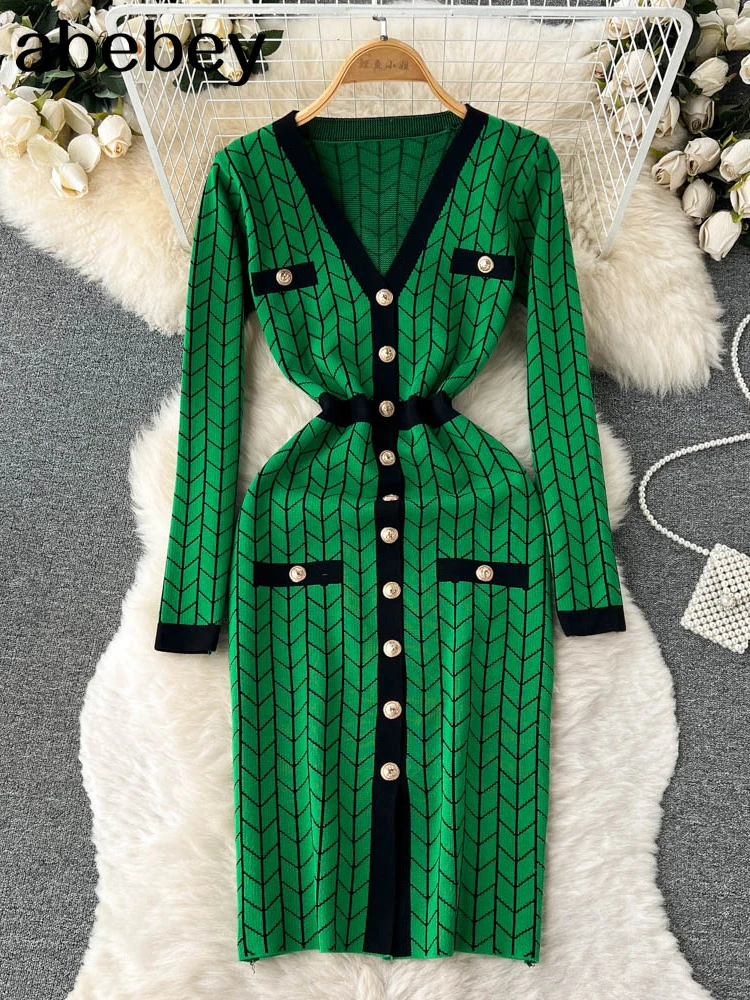 Autumn French Plaid Knitted Dress Women V Neck Sweater Sheath Hight Quality  Dress Elastic Waist OL Warm Midi Long Dress - AliExpress 200000345