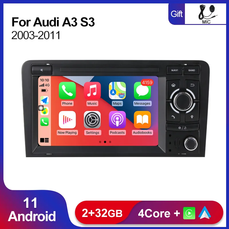 Автомобильный радиоприемник CarPlay на Android 11 RDS для Audi A3 8P 2003-2012 S3 2006-2012 RS3 2011