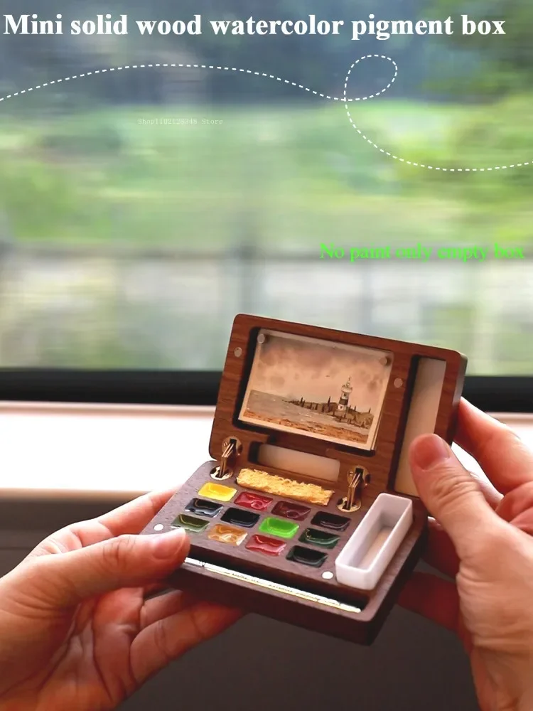 Mini Watercolor Pigment Box Solid Wood 12 Lattice Portable Freehand Sketching Travel Colour Mixing Doodle Art Painting Tool