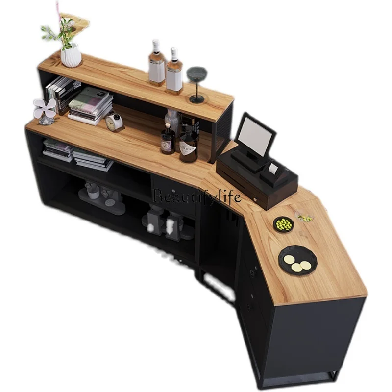 

Customized Retro Cashier Curved Corner Clothing Store Iron Wine Cabinet Bar Counter