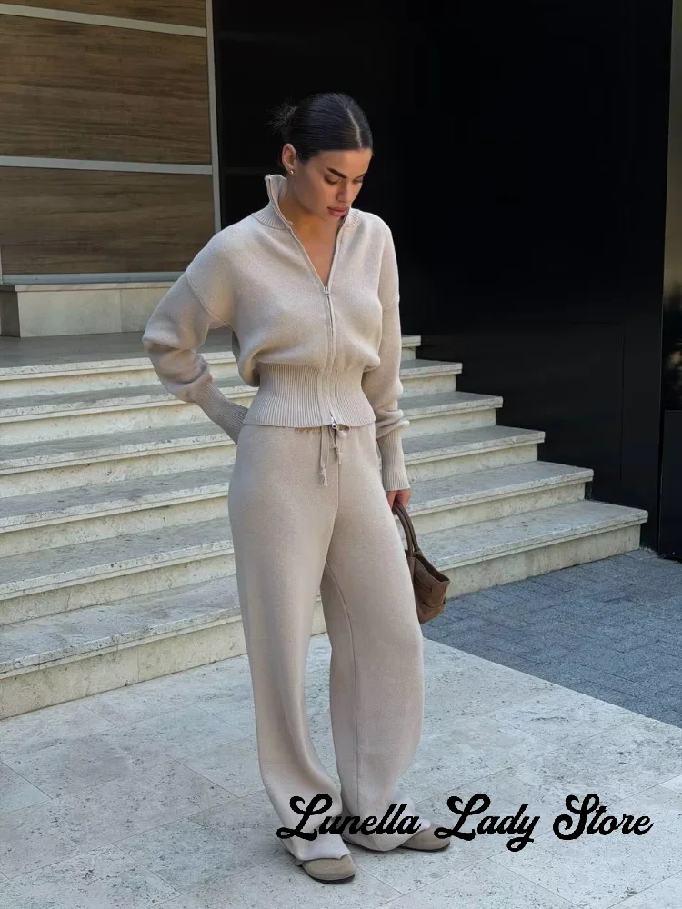 Ensemble de pantalons en maille à taille cintrée avec fermeture éclair double, manteau à col à revers et manches longues, pantalon à cordon de serrage, tenue décontractée 2026 1