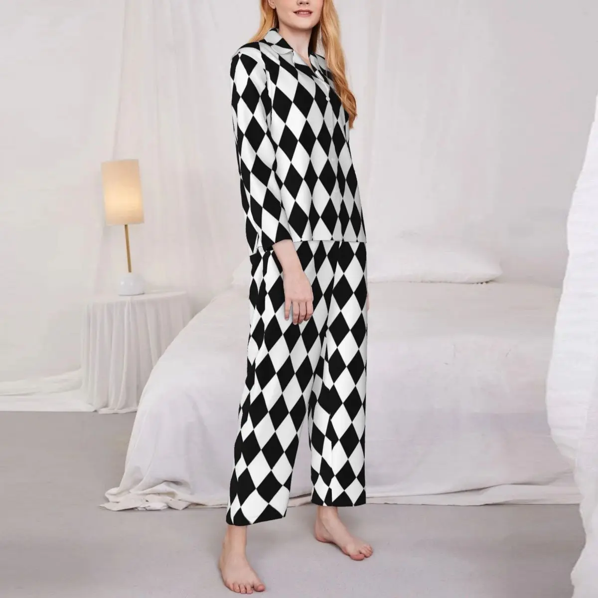 

Geo Print Pajamas Womens Black White Diamond Cute Night Nightwear Spring 2 Pieces Loose Oversize Graphic Home Suit