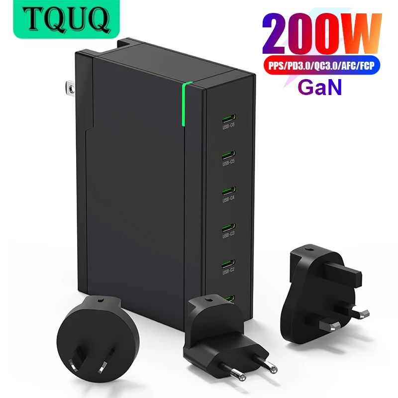 Сетевое зарядное устройство TQUQ с USB-портом, 200 Вт, 6 портов