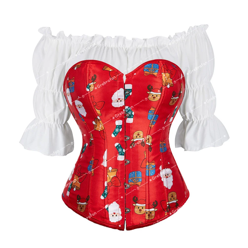 

Christmas Corsets with Pirate Blouse Santa Printing Bustiers Plus Size Overbust Corset Corsage Burlesque Costume Sexy Steampunk