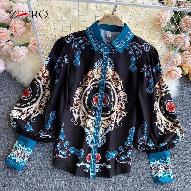 

Spring Autumn Women Clothes Vintage Printing Stitching Color Black Blous Female Lantern Sleeve Buttons Lapel Court Style Shirts