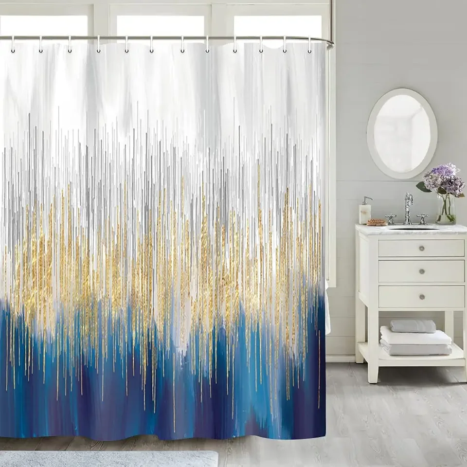 Tenda Da Doccia Doppio Strato Blu Navy Con Finestra Trasparente | Set Con Fodera Interna E Magnetini | Decorazione Bagno Artistica - 5