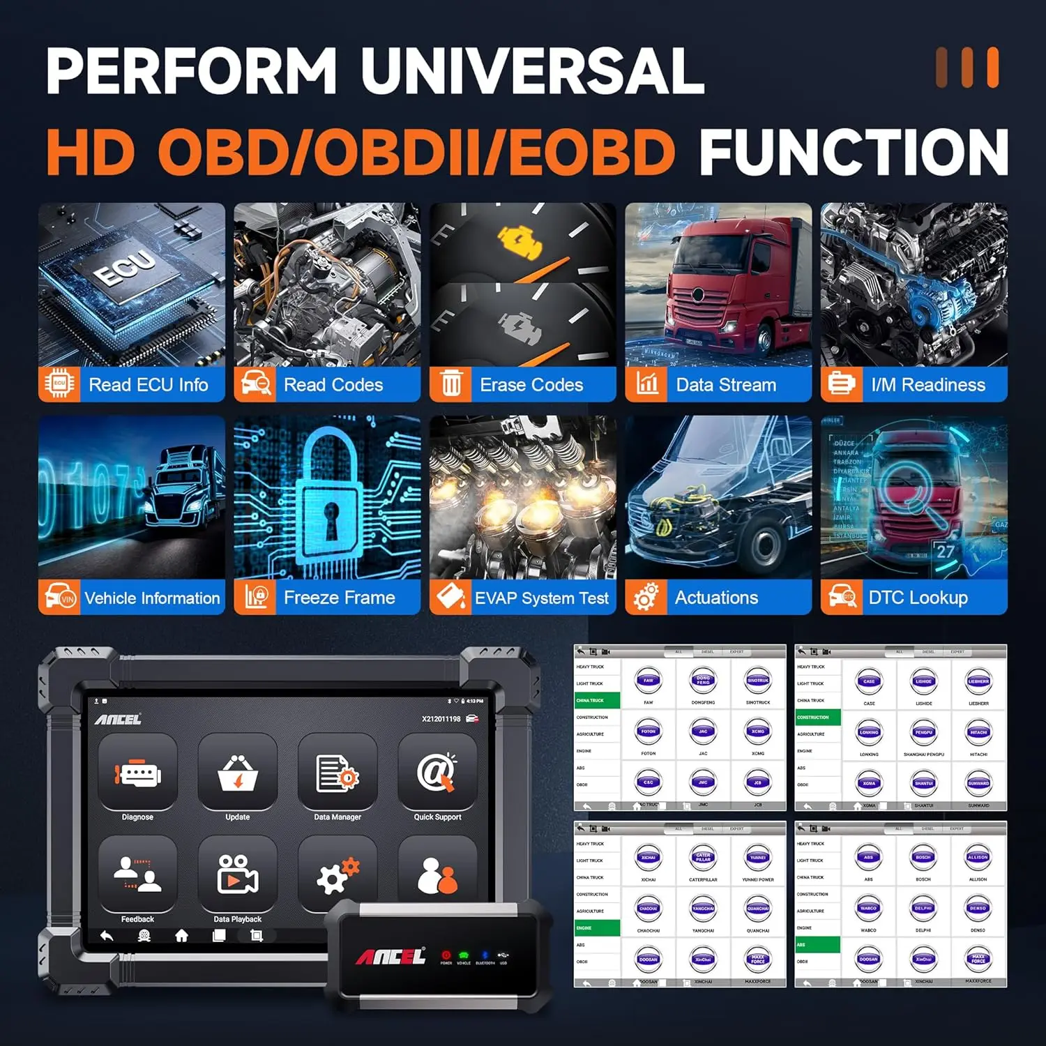 ANCEL X7 HD Heavy Duty Truck Diagnostic Tool Bluetooth OBD2 All System Oil D-P-F Regen ECU Reset 12V 24V Diesel Truck Scanner automotive diagnostic scanner