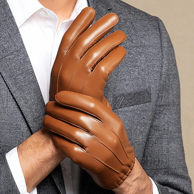 

100% Genuine Leather Sheepskin Gloves For Men Business Touch Screen Gloves Warm Winter Fleece Windproof Sport Driving Gloves