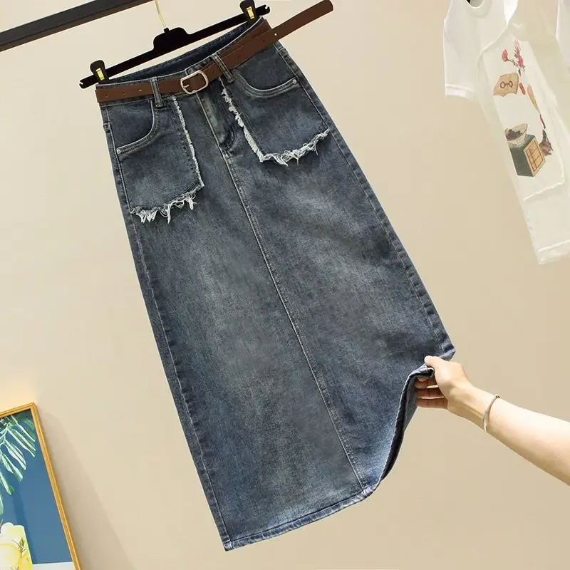 

Vintage Fashion Ins Denim Skirt Female Summer A-line Women Raw Hem Long Sleeve High Waist Jeans Skirt Clothes F84