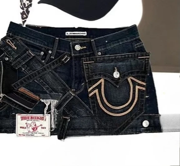 Y2K Gothic Punk Style Denim Short Skirt Women Harajuku Retro Patched Zipper Skirt Streetwear Low Waist Vintage Jeans Mini Skirt 1