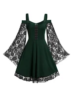 2022 New Gothic One-shoulder Lace Stitching Flared Sleeve Dress Literary Vintage Autumn Grunge Black A-line Dress Punk Partywear - Image 2