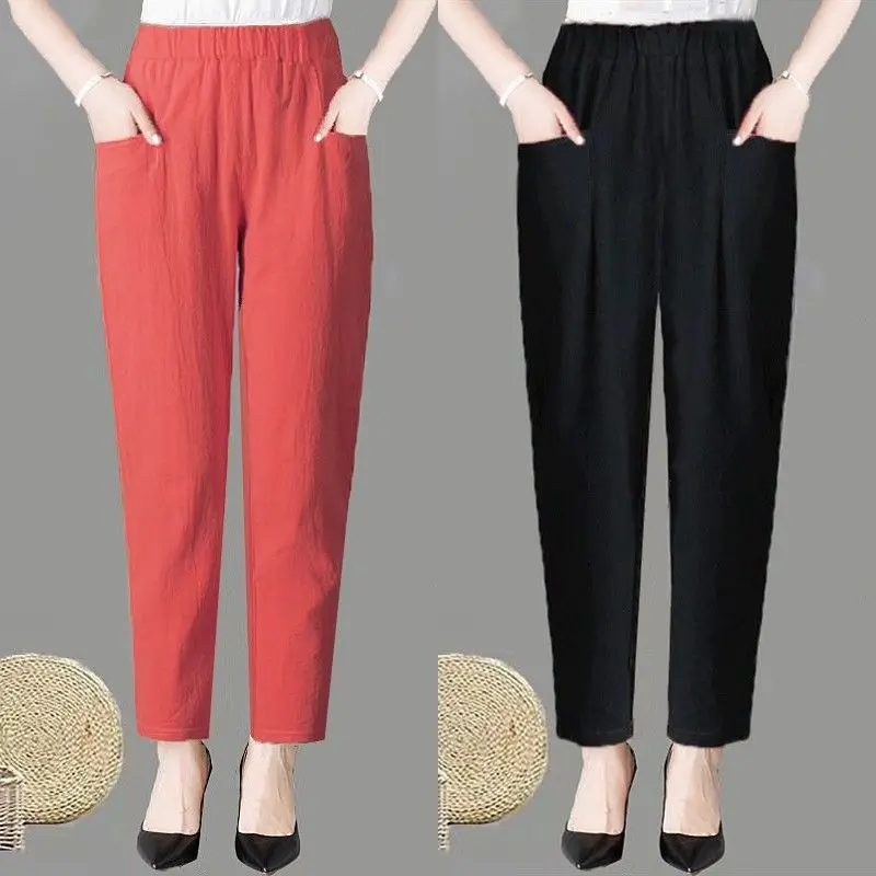 Large Size Korean Casual Thin Cotton Linen Pants Women Spring Summer Elastic Waist Ankle-Length Pants Woman Harem Trousers