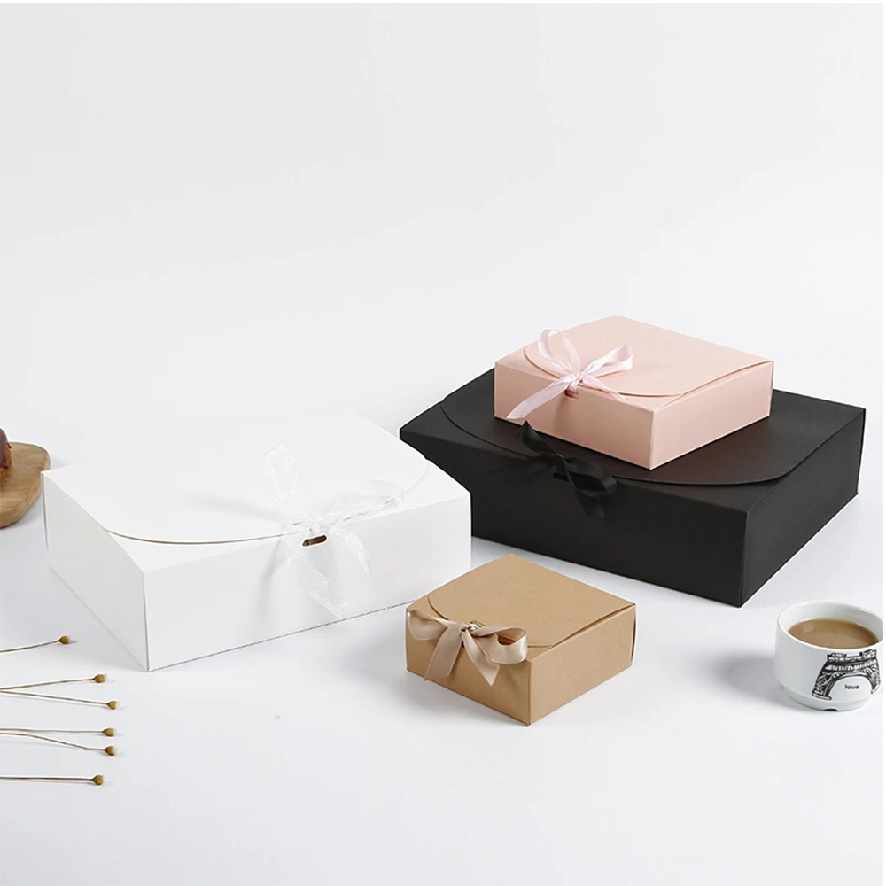 12pcs Kraft Paper Bag Box with Ribbon for Packaging Candy Book Chocolate on Christmas Wedding Party Favors Decorations Supplies