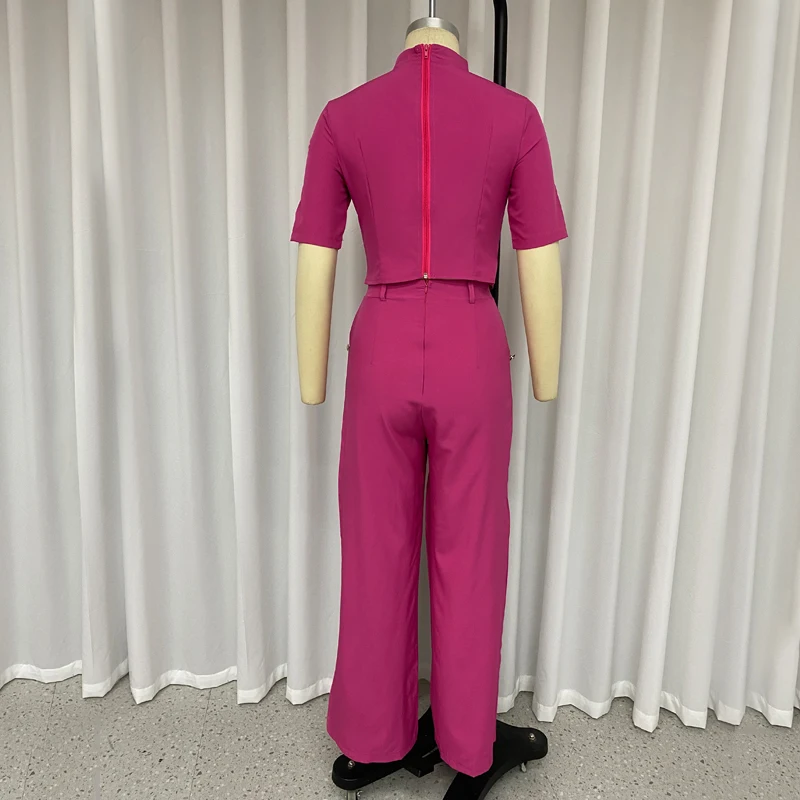 LIYONG Women Two Piece Set Summer Fashion Solid Round Neck Short Sleeve Top Casual Loose Wide Legs Pants Sets High Streetwear