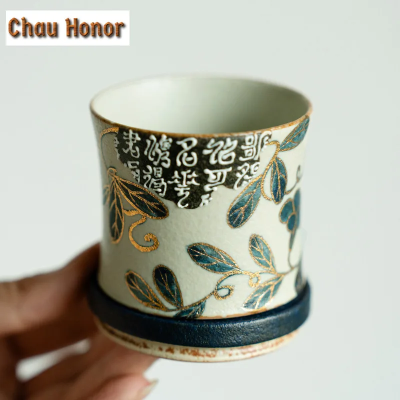 80ml Blue And White Flint Red Rotating Cup Handmade Gold Drawing Entwined Lotus Teacup Relief Woman Host Water Jug Coffee Mugs