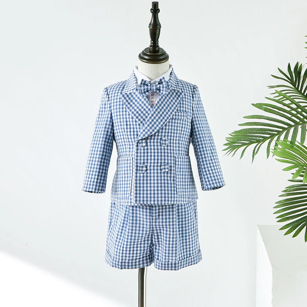 Lattice Boys Suit For Birthday Cotton and linen Thin Summer Little Boy Gentleman Outfit Formal Suits Children Coat Clothes Set