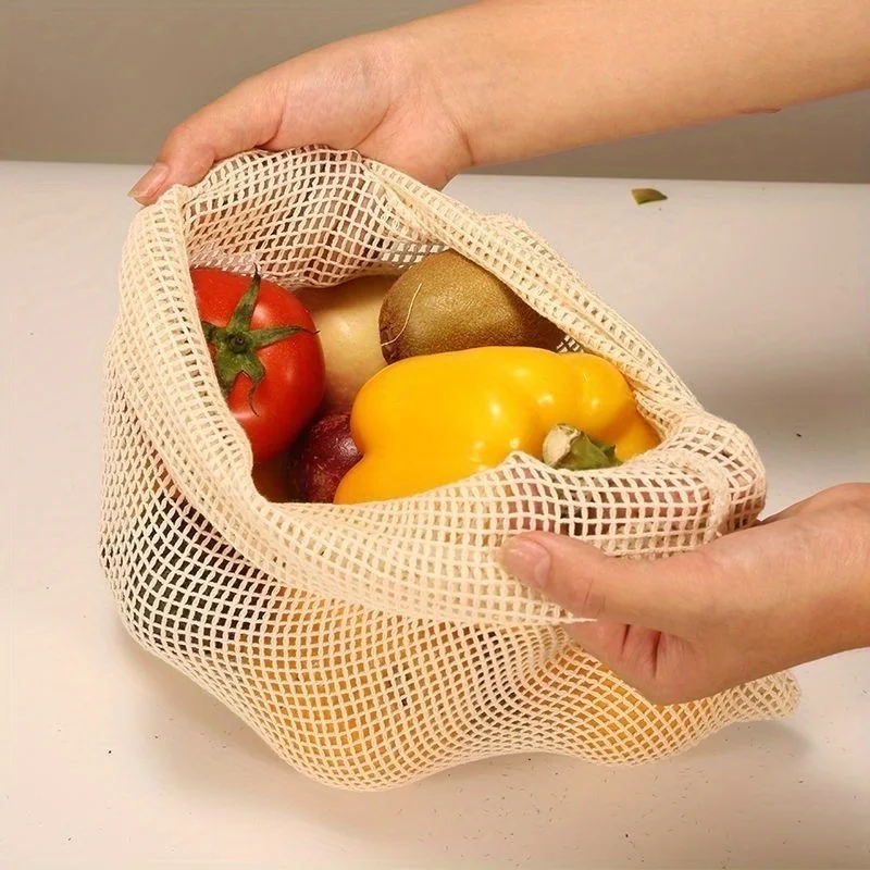 Eco-Friendly Cotton Mesh Produce Bag with Drawstring for Groceries, Vegetables, and Fruits