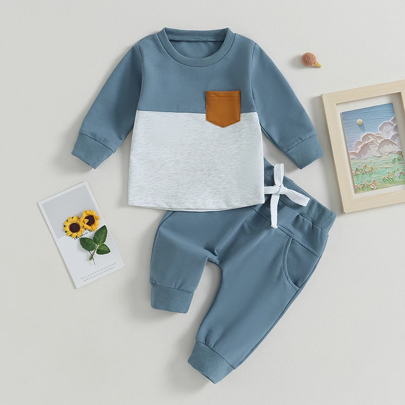 

Осенняя одежда для новорожденных мальчиков, Свитшот контрастных цветов с длинным рукавом и эластичные брюки для малышей, комплект из 2 предметов