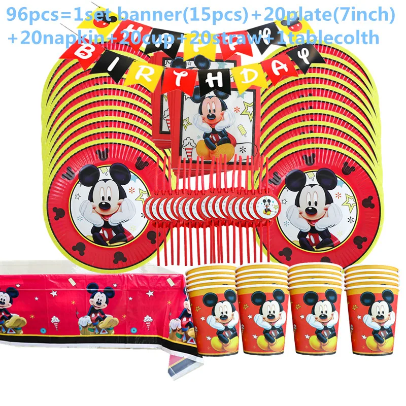 1Set Red Mickey Mouse Theme Disposable Paper Cups Plates Flexible Straws Baby Shower Kid Birthday Napkin Decoration Supplies 