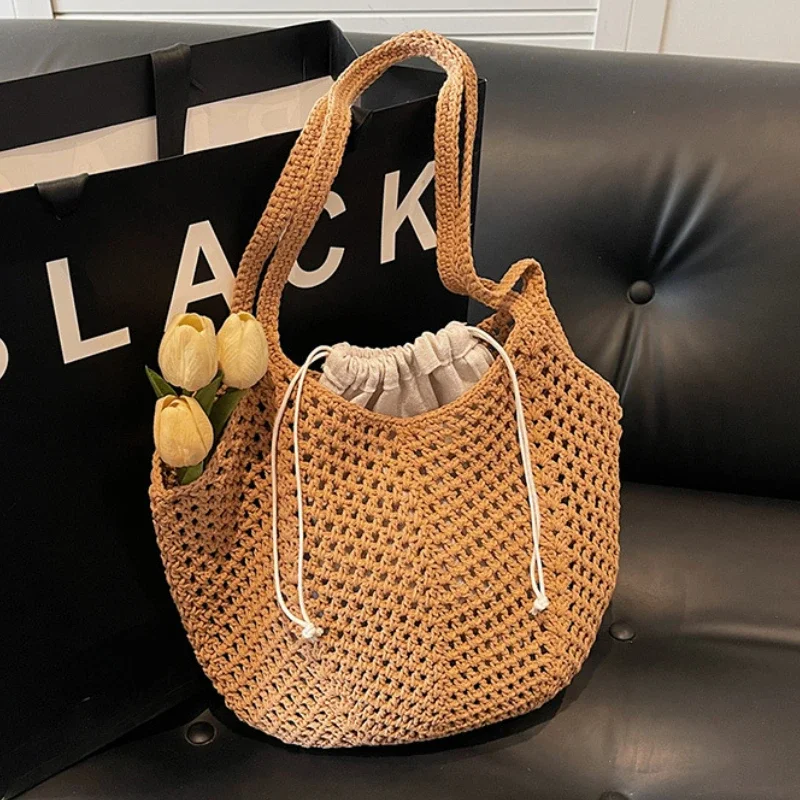 2-IN-1 Luxury Summer Beach Tote Bag for Women Casual Lady Hollow-out Shoulder Bag Large Capacity Underarm Bags Female Handbag