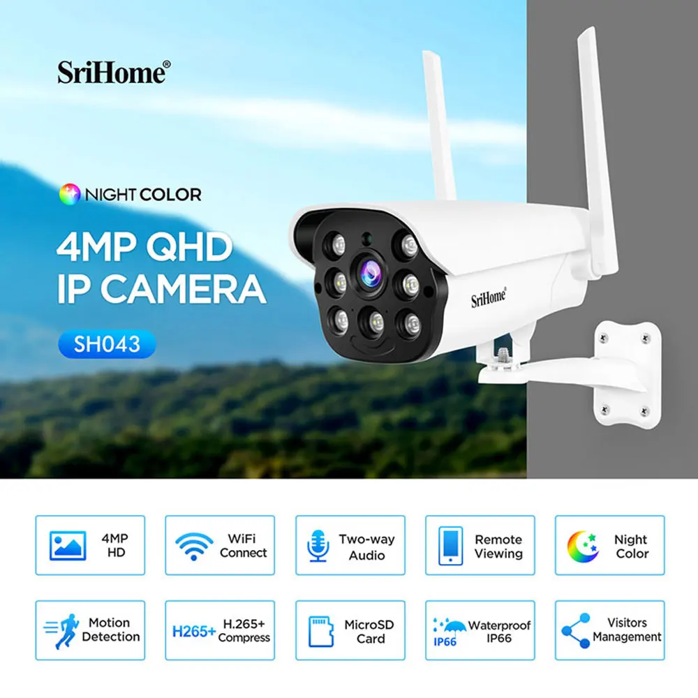 

New SriHome SH043-4MP 1440P WIFI IP Camera two-way audio H.265 Onvif Metal Bullet Home 4MP Color Night Vision Security Camera