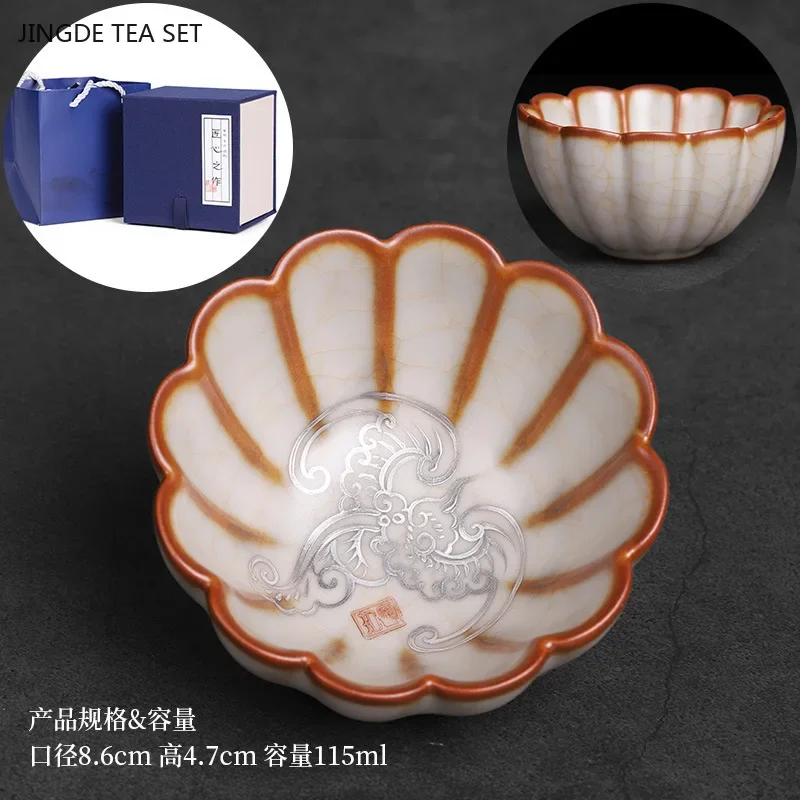 1PCS ceramic sky blue Ru kiln master cup new Chinese style tea tasting single silver hand-painted ceramic tea set