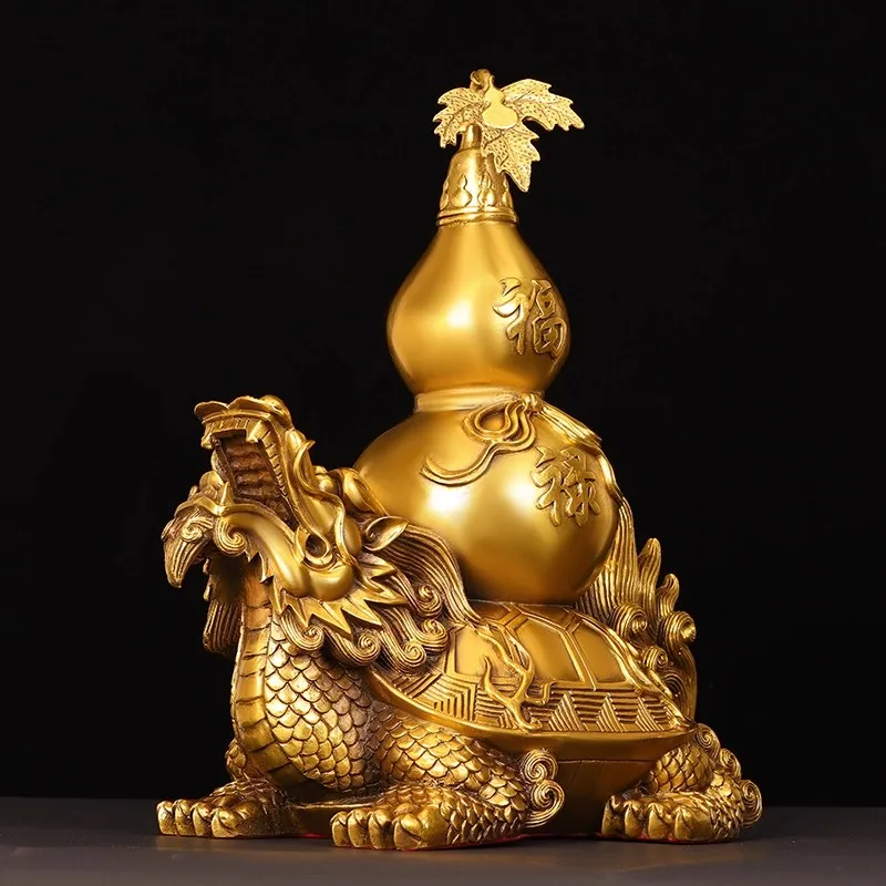 Large Brass Dragon Turtle & Gourd Statue - Lucky Feng Shui Decor for Home/Office, Open Mouth Wealth Tortoise Sculpture, Traditio