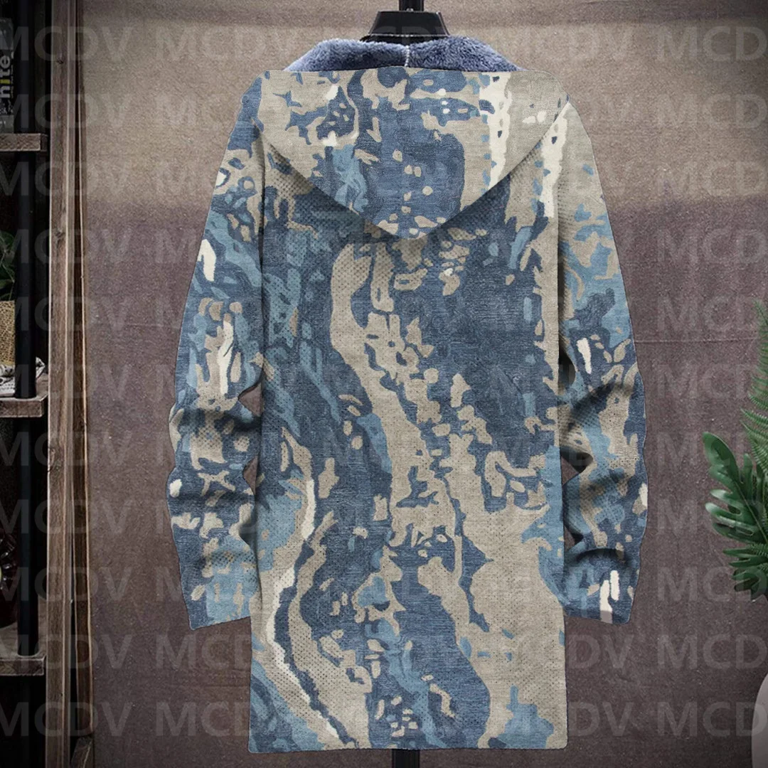 2023 Men's Retro Pattern 3D Printed Plush Thick Long-Sleeved Coat Fleece Hooded Overcoat Casual Thick Warm Jacket