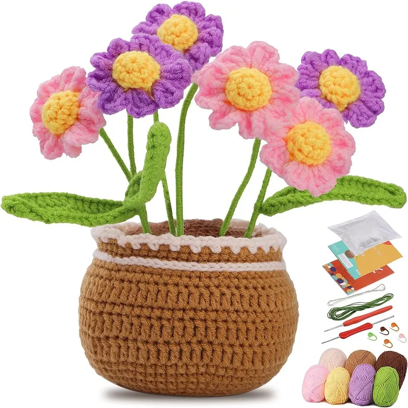 Flower Potted Crochet Knitting Kit for Complete Beginners Starter Step-by-Step Video Tutorials crochet kit