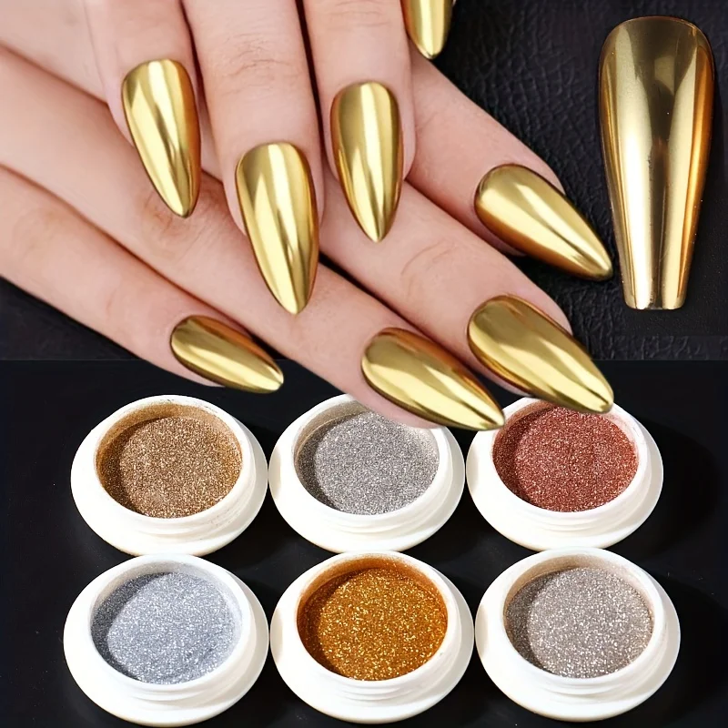 Description Picture 6 of item6 PCs Nail Art Magic Mirror Powder Gold Silver Antique Copper Shiny Rubbing Glitter Pigment Flakes Nail Metallic Chrome Powder