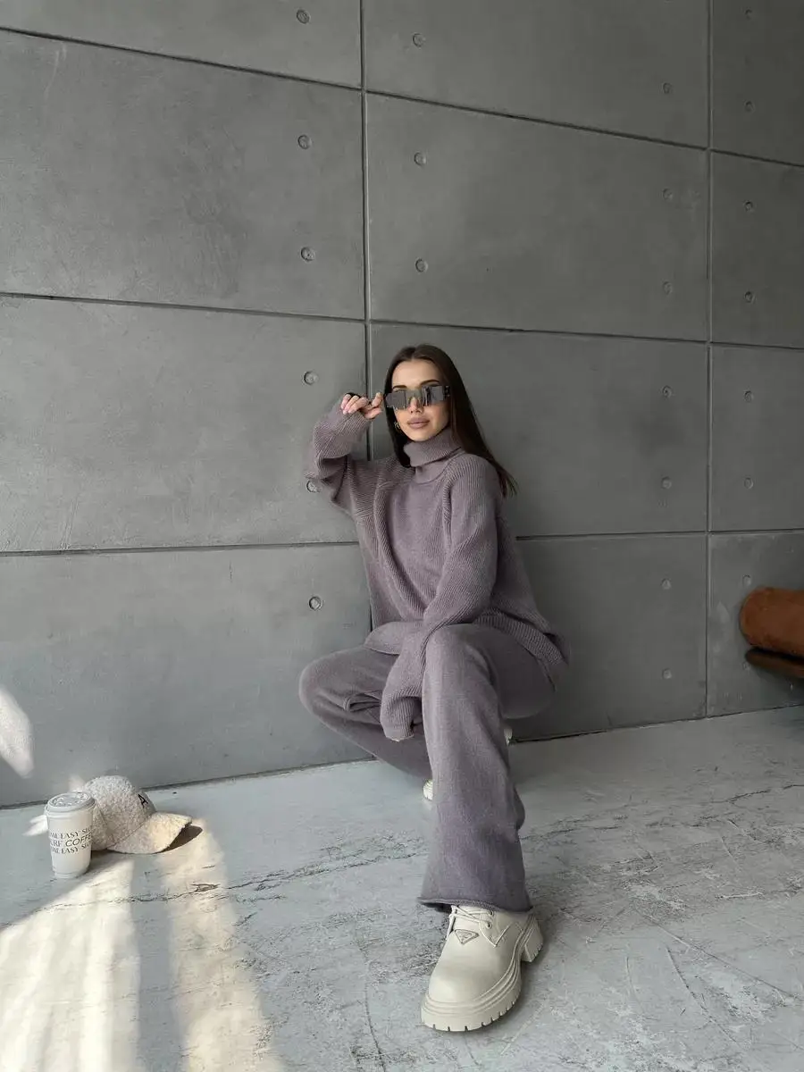 Knit Zipper Women's Pants Sets For Women Slim Lapel Long Sleeve Pullover And Patchwork Straight Legg 2 Piece-Set Winter