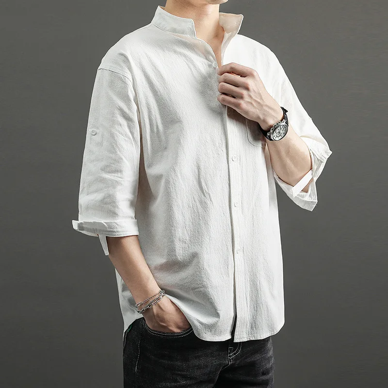 Summer Three-quarter-sleeved Linen Men's Japanese Casual Loose Stand-up Collar Cotton and Linen Shirt