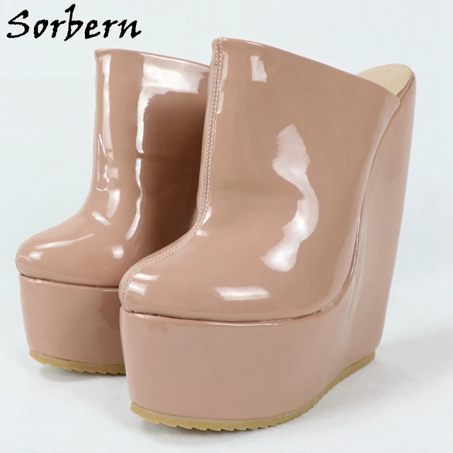 Sorbern Nude Shiny 20Cm Wedge Women Pump Mules High Heel Visible Platform Closed Toe Slip On Shoes Custom Service Available
