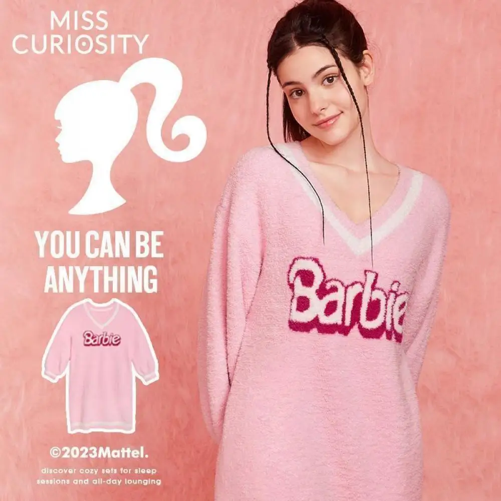

Barbie Series Girl Pajama Skirt Autumn Winter V-Neck Loose Fitting Long Sleeved Plush Warm Pajamas Home Furnishings Gifts