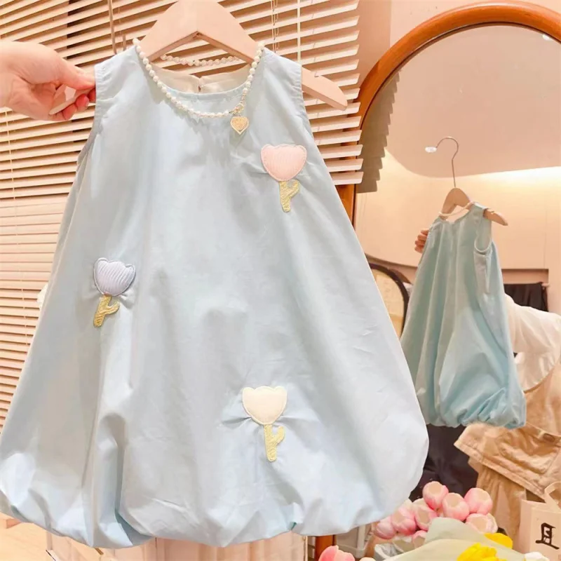 New Girls' Sleeveless Bud Vest Dress2024Summer New Cute Fashion Baby Girl Dress