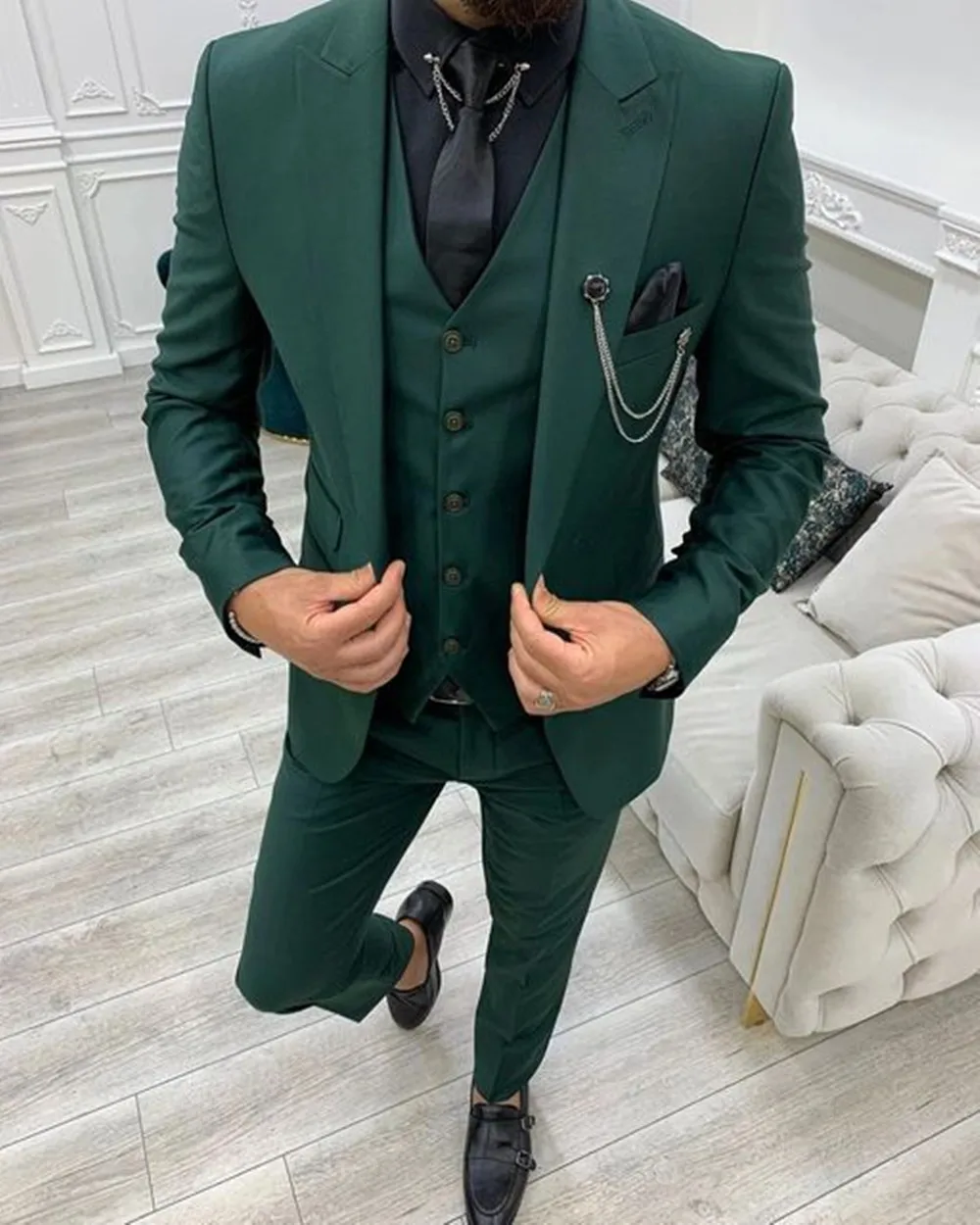 

Костюм облегающий мужской из 3 предметов, блейзер с лацканами зеленого цвета для жениха, свадьбы и выпускного вечера, 2023
